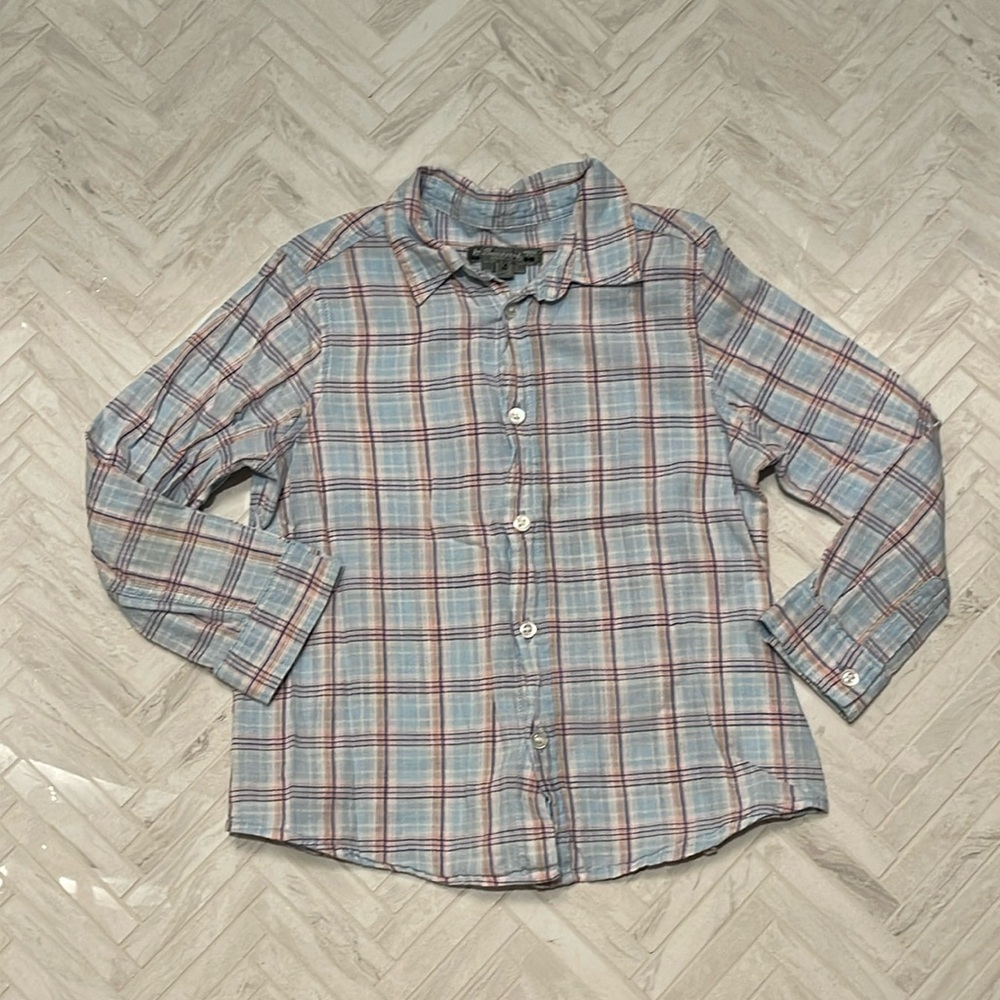 Bonpoint light blue plaid button down shirt, size 4